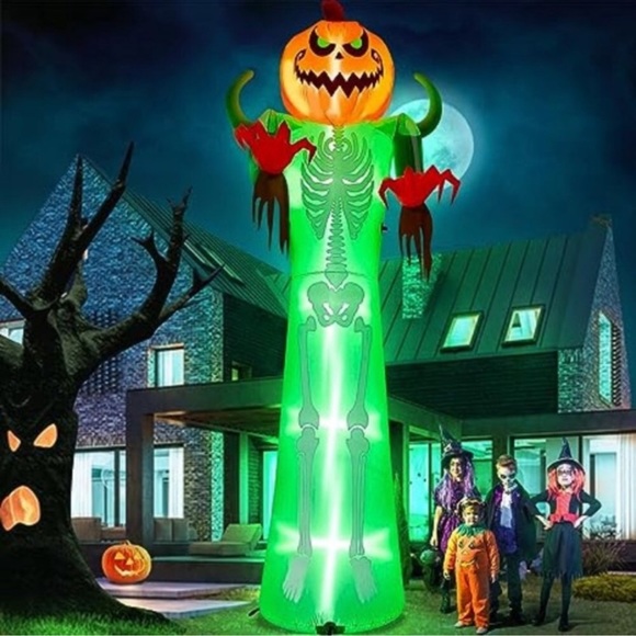 Halloween Inflatable Giant Pumpkin Green Skeleton LED (12Ft Tall)